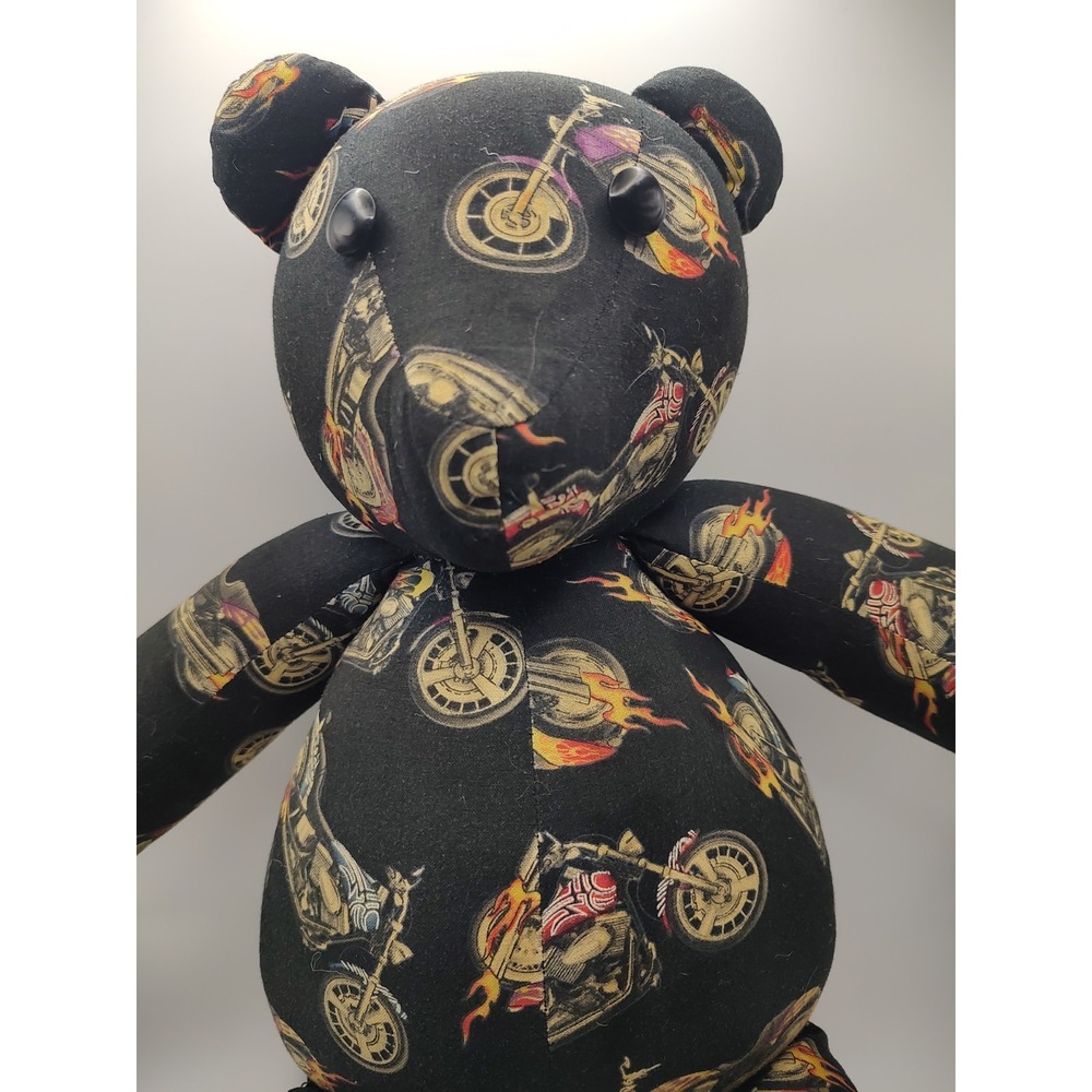 Vtg Handmade Stuffed Bear Keepsake Motorcycle Flames AOP Big Logo All Over Print